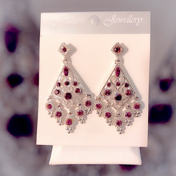 Silvertone Dangle Purple Crystal Earrings - Picture 5 of 5